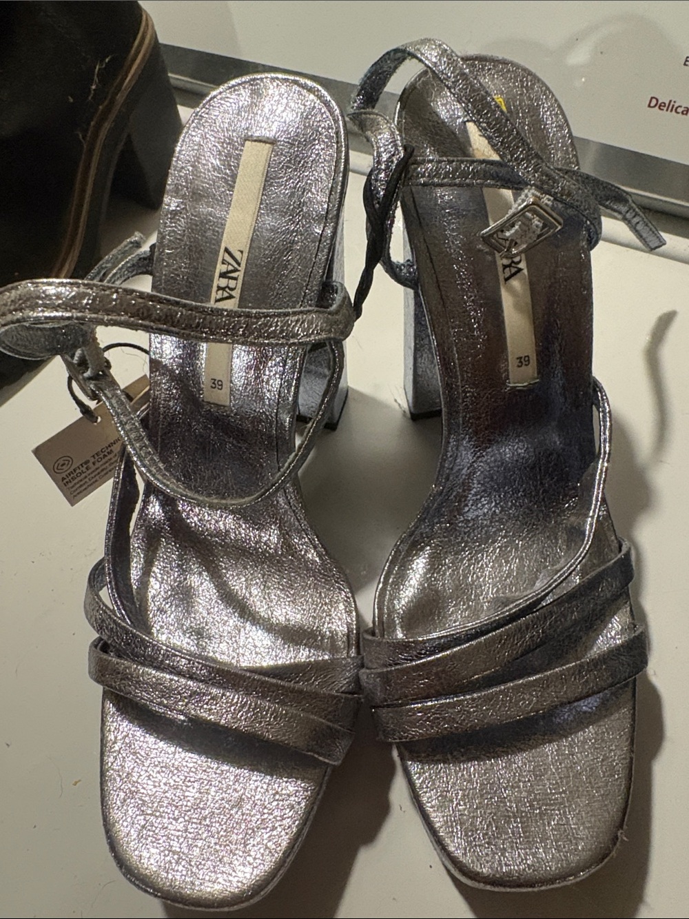 Zara Metallic Silver Strappy Block Heel Sandals